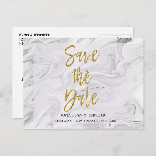大理石ゴールドフォイルで日付を保存タイポグラフィ 案内ポストカード (正面/裏面)