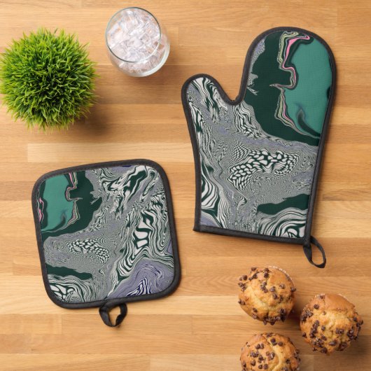 大理石サイケデリック旋回 鍋つかみ&鍋敷きセット (トップダウン)