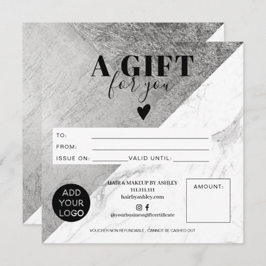 大理石シルバーブロック正方形ギフト証明書のロゴ (正面/裏面)