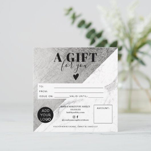 大理石シルバーブロック正方形ギフト証明書のロゴ (スタンド正面)