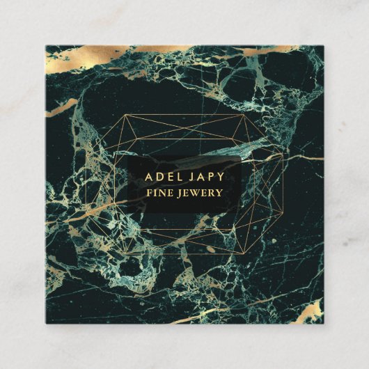 大理石ティール(緑がかった色)グリーンフェイク+金ゴールド宝石ファセット スクエア名刺 (正面)