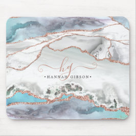大理石ティール（緑がかった色）バラ金ゴールドグリッタースクリプトモノグラムムース マウスパッド