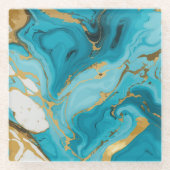 大理石テクスチャターコイズと金ゴールドシルバー ガラスコースター (正面)