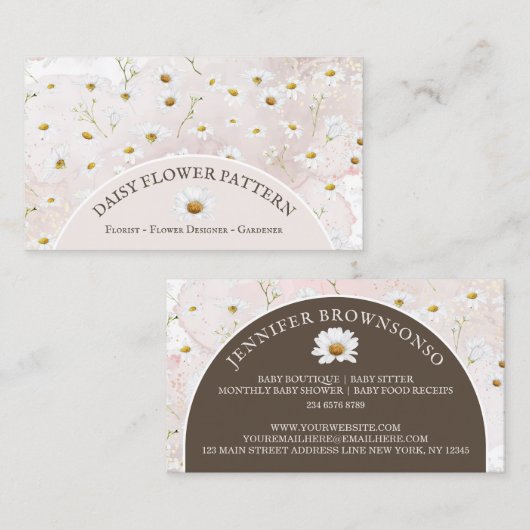 大理石デイジーフラワーパターンボタニカルベビーシッター 名刺 (正面/裏面)