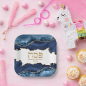 大理石ネイビーブルーと金ゴールドヘブライ語ペサチサムネ ペーパープレート (パーティー)