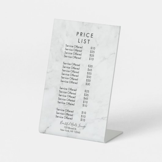 大理石ネイルサロンプロフェッショナル価格表メニュー 台座サイン (正面)