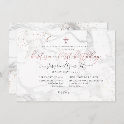 大理石バラ金ゴールドクロスバプティスマ1歳 招待状 (正面/裏面)