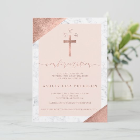 大理石バラ金ゴールドクロスピンクのモノグラム確認 招待状 (スタンド正面)