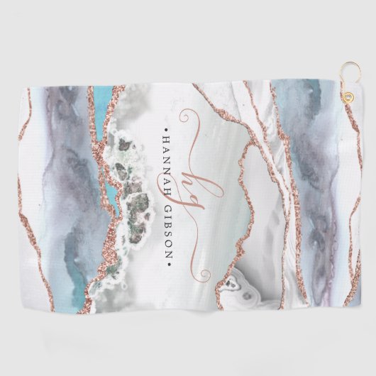 大理石バラ金ゴールドグリッターティール（緑がかった色）スクリプトモノグラム ゴルフタオル (横)
