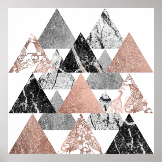 大理石バラ金ゴールドシルバーおよびフローラ地理三角形 ポスター (正面)
