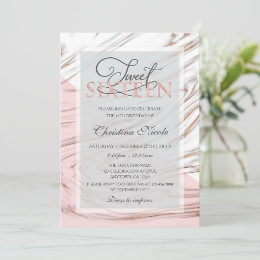 大理石バラ金ゴールドスウィート16誕生日 招待状 (スタンド正面)