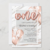 大理石バラ金ゴールドバルーンファースト誕生日ガール 招待状 (正面)