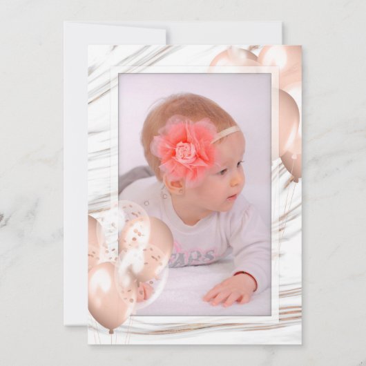 大理石バラ金ゴールドバルーンファースト誕生日ガール 招待状 (裏面)