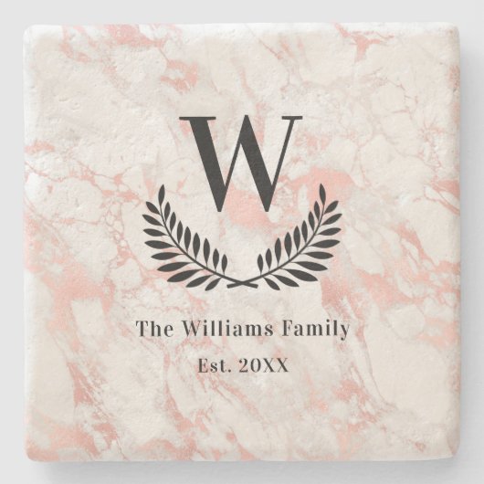 大理石バラ金ゴールドピンクファミリーモノグラムクラシック ストーンコースター (正面)
