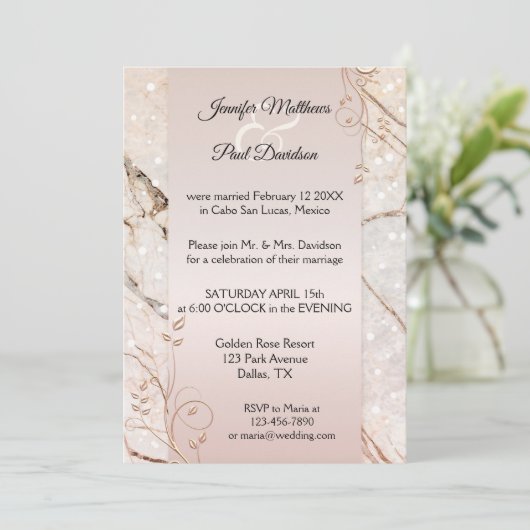 大理石バラ金ゴールドフローラポスト結婚式招待状 招待状 (スタンド正面)