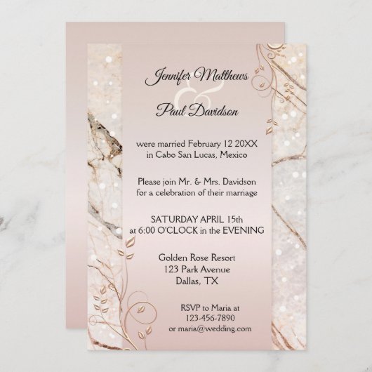 大理石バラ金ゴールドフローラポスト結婚式招待状 招待状 (正面/裏面)