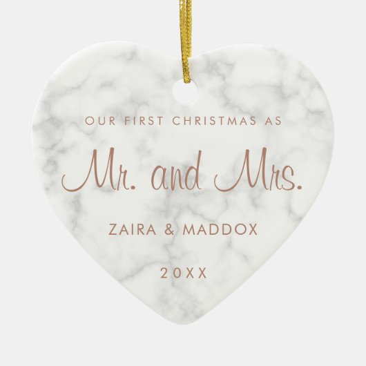 大理石バラ金ゴールドミスター・アンド・ミセス・マイ・初めてのクリスマス セラミックオーナメント (正面)