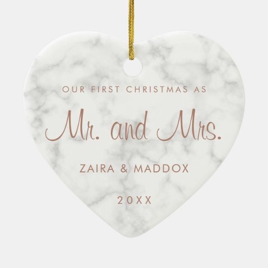 大理石バラ金ゴールドミスター・アンド・ミセス・マイ・初めてのクリスマス セラミックオーナメント (裏面)