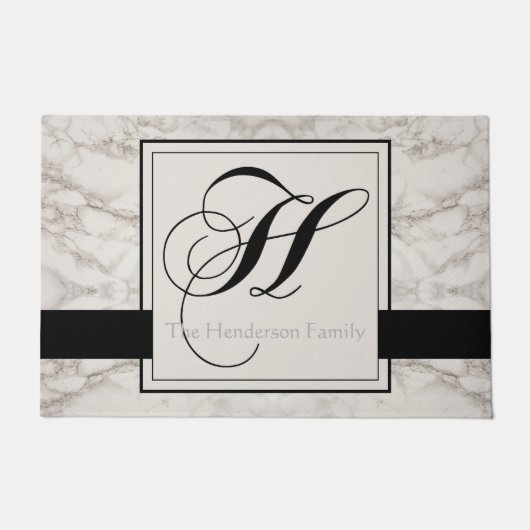 大理石パターンブラックモノグラムH名前を追加エレガント ドアマット (正面)