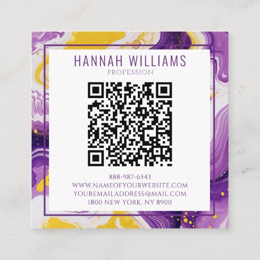 大理石パープルイエロー瑪瑙QRコード液体正方形 スクエア名刺 (裏面)