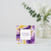 大理石パープルイエロー瑪瑙QRコード液体正方形 スクエア名刺 (スタンド正面)