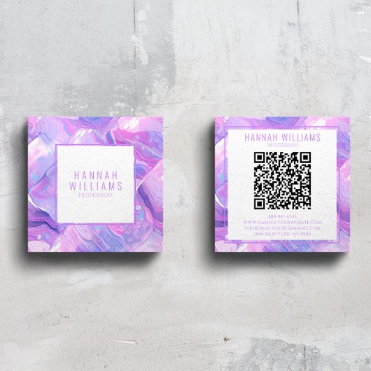 大理石パープルピンク瑪瑙QRコードガーリートレンディー スクエア名刺
