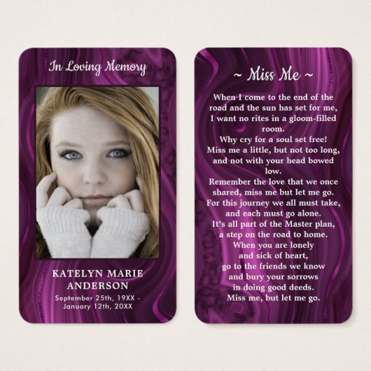 大理石パープル記念写真葬式祈りの言葉カード (正面&裏面)