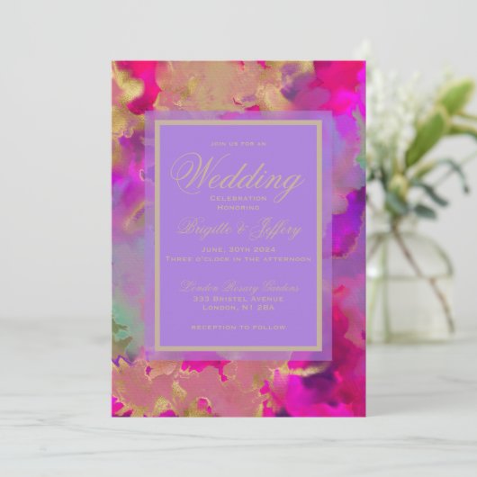 大理石パープル、金ゴールド、ピンクのカスタムウェディング セーブザデート (スタンド正面)