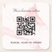 大理石ピンクのビジネス名qrコード スクエアペーパーコースター (正面)