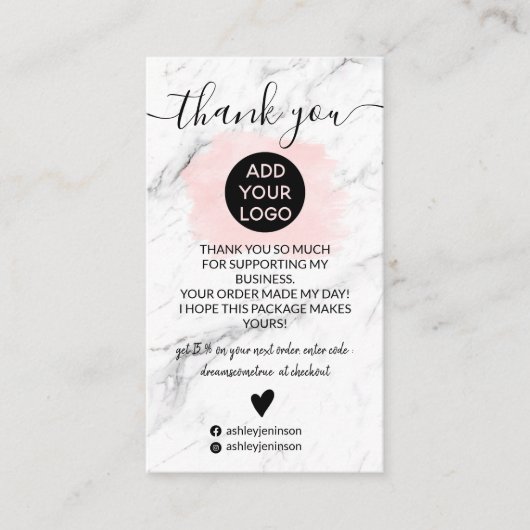 大理石ピンクのブラシストロークのロ感謝していゴの順序 名刺 (正面)