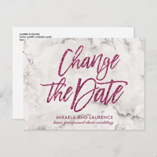 大理石ピンクの輝きのある文字で日付が変わる 案内ポストカード (正面/裏面)