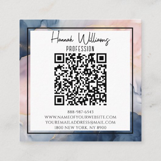 大理石ピンクネイビーブルー瑪瑙QRコード液体正方形 スクエア名刺 (裏面)