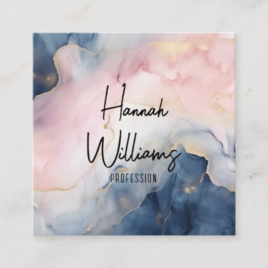 大理石ピンクネイビーブルー瑪瑙QRコード液体正方形 スクエア名刺 (正面)