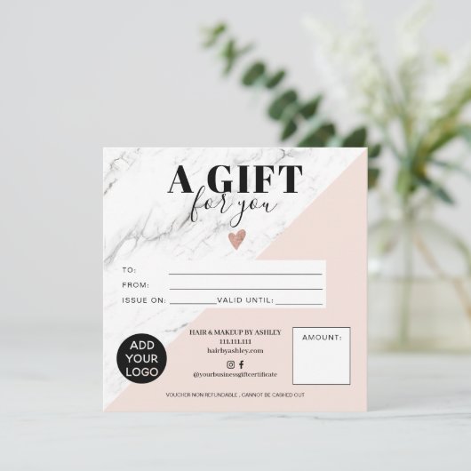 大理石ピンクブロック正方形ギフト証明書のロゴ (スタンド正面)