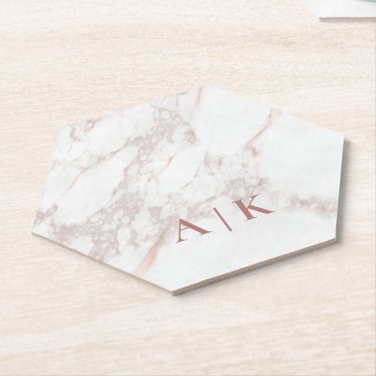 大理石ピンクモノグラムの紙六角コースター ペーパーコースター (アングル)