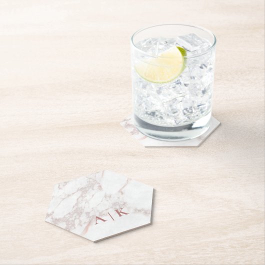 大理石ピンクモノグラムの紙六角コースター ペーパーコースター (インサイチュ)