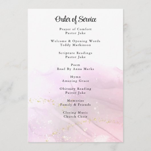大理石ピンク及び金ゴールドフローラ葬儀プログラム プログラム (裏面)