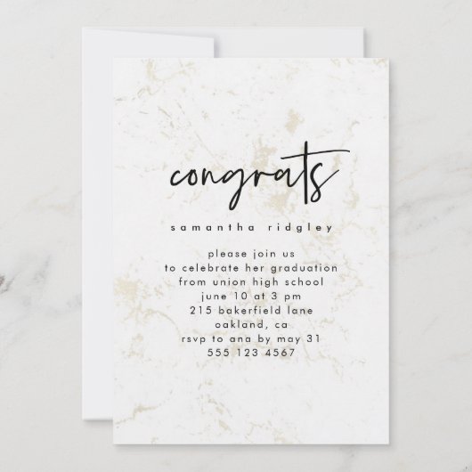 大理石フェイクとタイポグラフィ卒業パーティーの写真 招待状 (裏面)