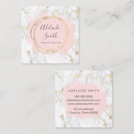 大理石フェイクのホイルの円ピンクの水色 スクエア名刺 (正面/裏面)