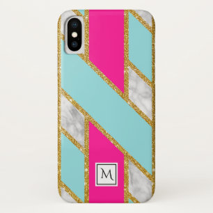 大理石フェイク金ゴールドグリズピンクブルーラティスモノグラム iPhone X ケース