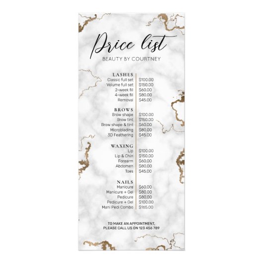 大理石フェイク金ゴールドスクリプトフォントサロン価格表メニュー ラックカード (正面)