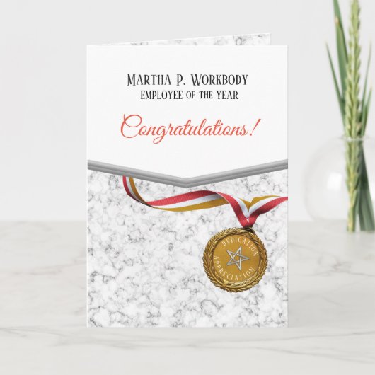 大理石フェイク金ゴールドメダルの年賀状の従業員 カード (正面)
