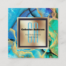 大理石フェイク金ゴールド青緑四角形文字 スクエア名刺