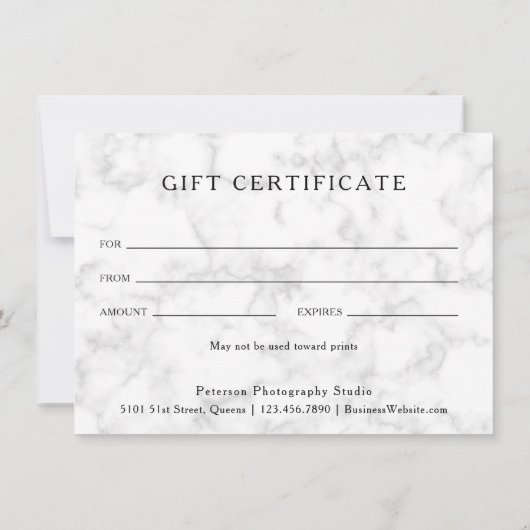 大理石フォトコラージフォトグラファーのギフト証明書 (裏面)