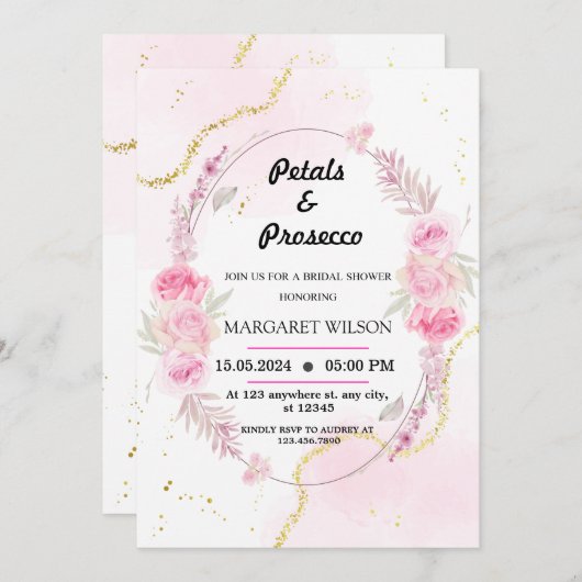 大理石フローラ花びらとプロセッコブライダルシャワー 招待状 (正面/裏面)