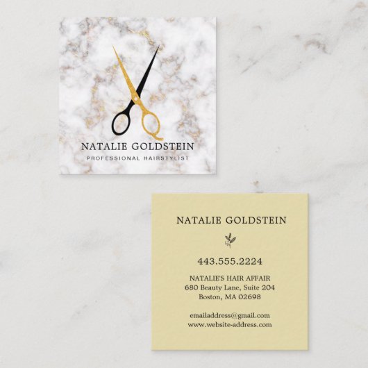 大理石ブラックと金ゴールドはさみヘアスタイリスト スクエア名刺 (正面/裏面)