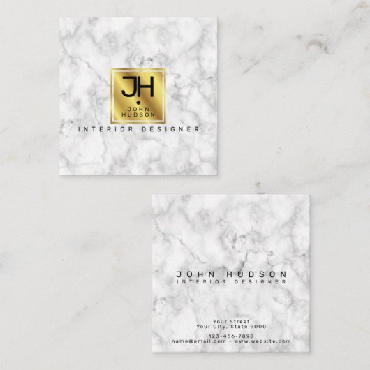 大理石ブラックと金ゴールドモノグラム スクエア名刺 (正面/裏面)