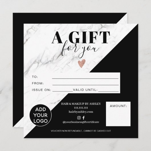 大理石ブラックブロックスクエアギフト証明書のロゴ (正面/裏面)