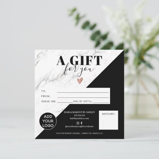 大理石ブラックブロックスクエアギフト証明書のロゴ (スタンド正面)