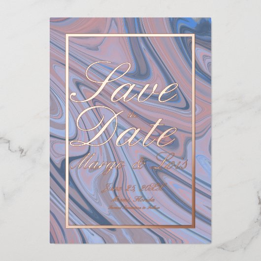 大理石ブルー押された日付を保存金ゴールド 箔招待状 (正面)